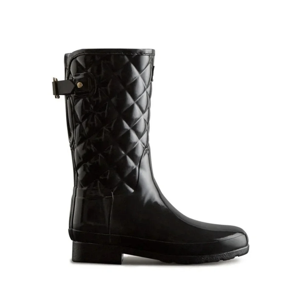 Hunter Refined Black Gloss Quilted Short Rain Boots Women's US 5 EU 36‎ Pull On